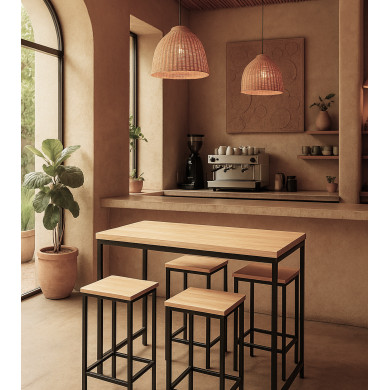 Pack Degano – Mesa alta y 4 taburetes en metal negro y roble