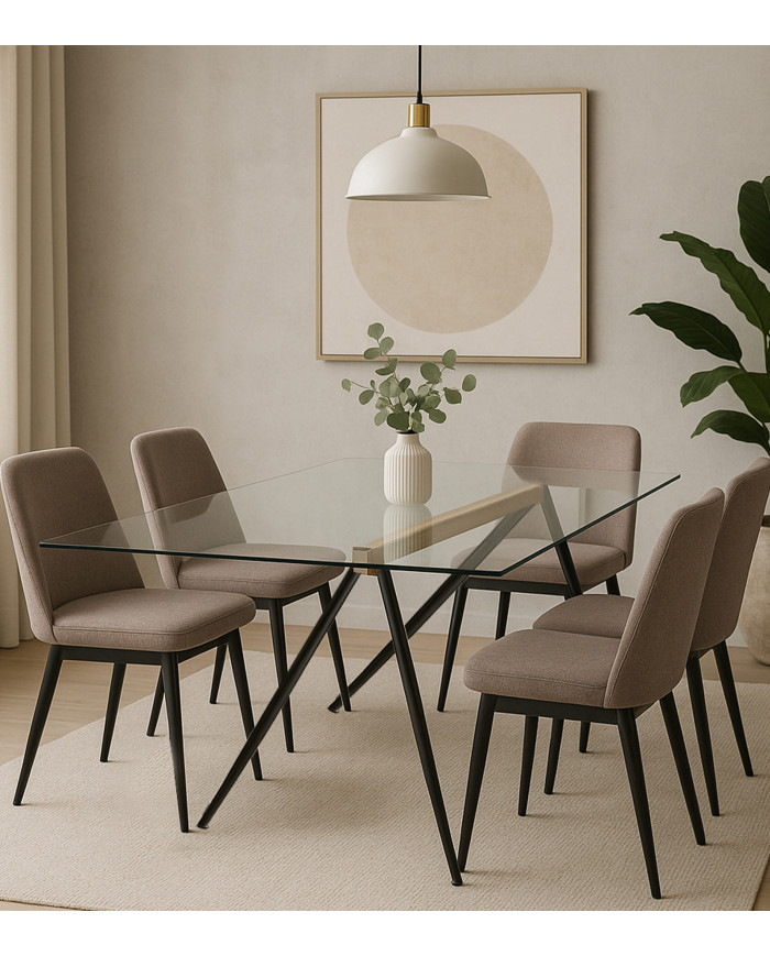 Mesa de Comedor Marama – Cristal templado, roble y metal negro