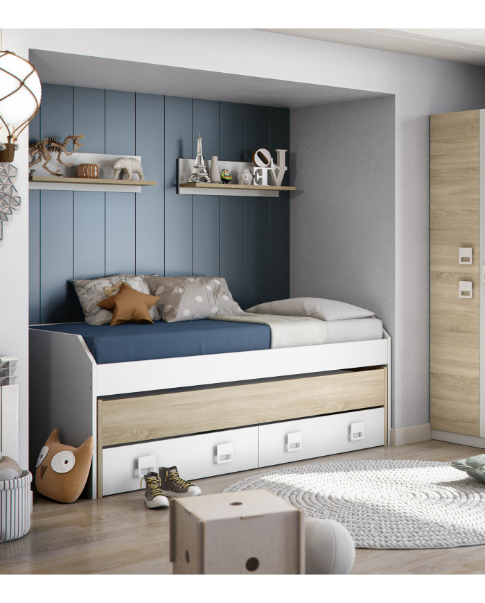 Cama nido Tomy con estantes – Doble cama y almacenaje práctico