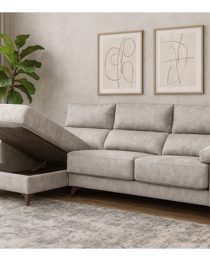 Sofá Chaise Longue Vis – Con arcón, asientos extraíbles y respaldos reclinables