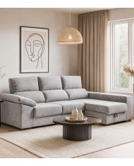 Sofá Chaise Longue Marcia – 3 plazas con asientos deslizantes, pouf y arcón
