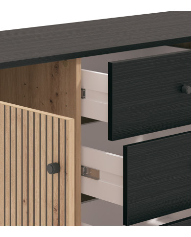 Aparador Tania con 2 puertas y 4 cajones – Acabado ébano y roble artisán Aparador Tania con 2 puertas y 4 cajones – Acabado ébano y roble artisán