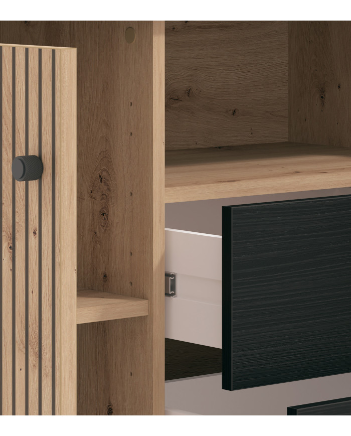 Mueble TV Tania con 4 cuerpos – Ébano y roble artisan