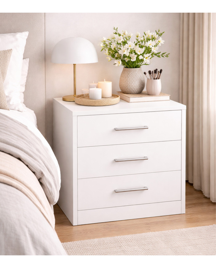 Mesita de noche Elara 3 cajones blanca