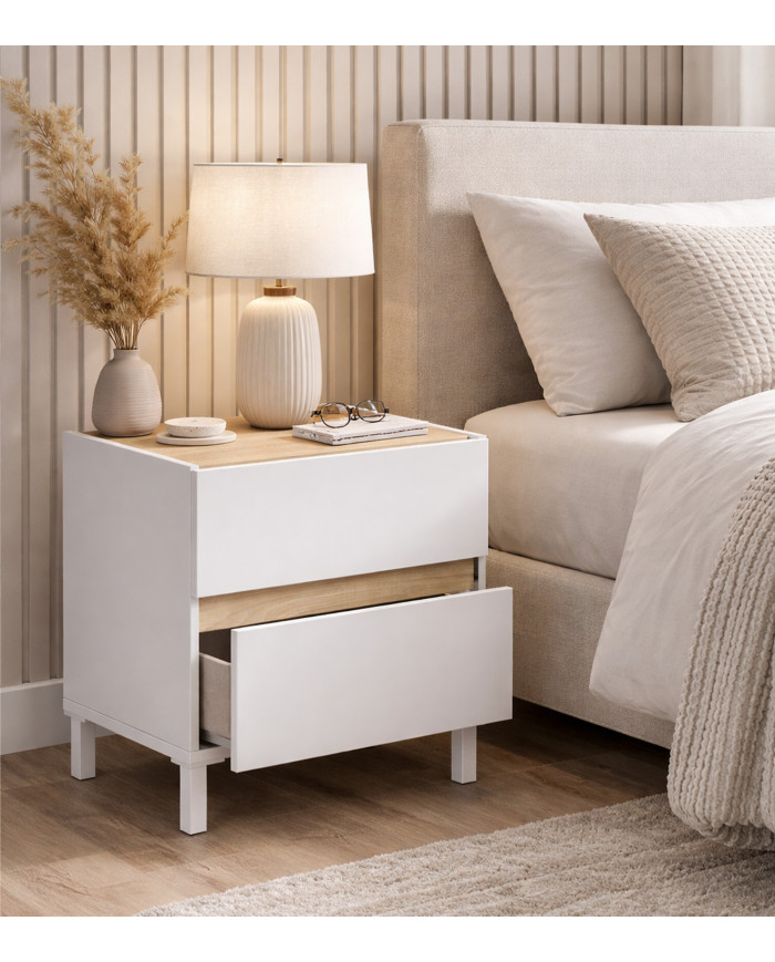 Mesita de noche Ébano– 2 cajones con guías metálicas y patas de ABS