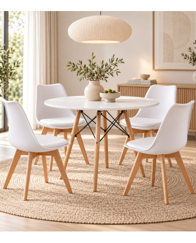 Pack mesa redonda Nórdica blanca de 80 cm con 4 sillas Tulipa