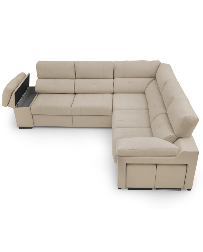 Sofá Enzo con Chaise Longue, 2 puffs y almacenaje