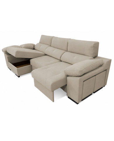 Sofá Enzo con Chaise Longue, 2 puffs y almacenaje