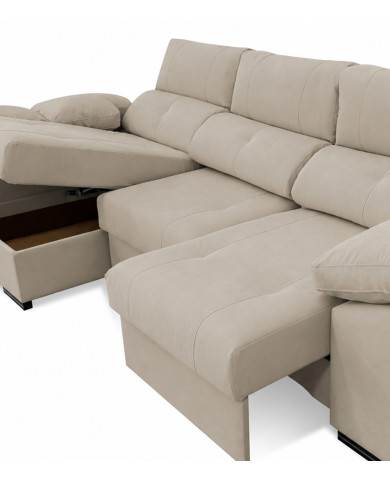 Sofá Enzo con Chaise Longue, 2 puffs y almacenaje