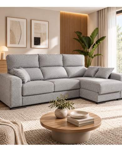 Sofá Chaise Longue Roni con asientos deslizantes y arcón