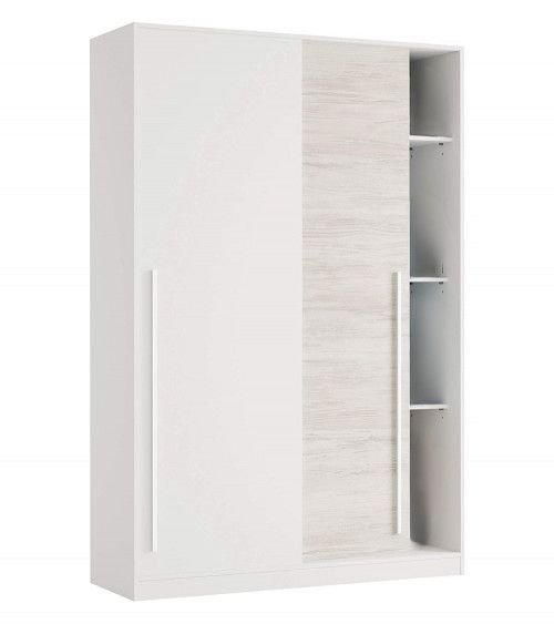 Armario 2 puertas correderas 150 cm ancho JANGO. Armario blanco con barra  para colgar + 3 estantes.